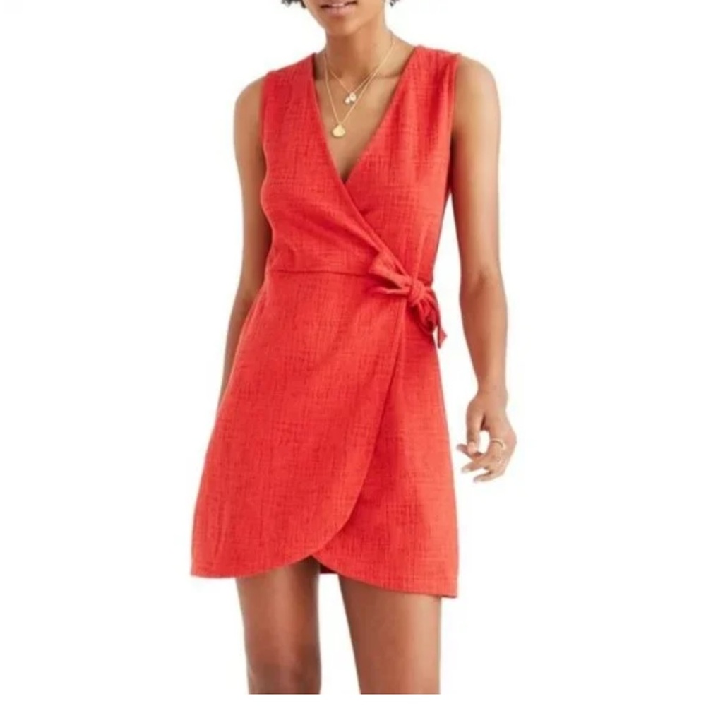 Madewell Texture & Thread Wrap Dress Saffron Red Crosshatch Side Tie Size XS